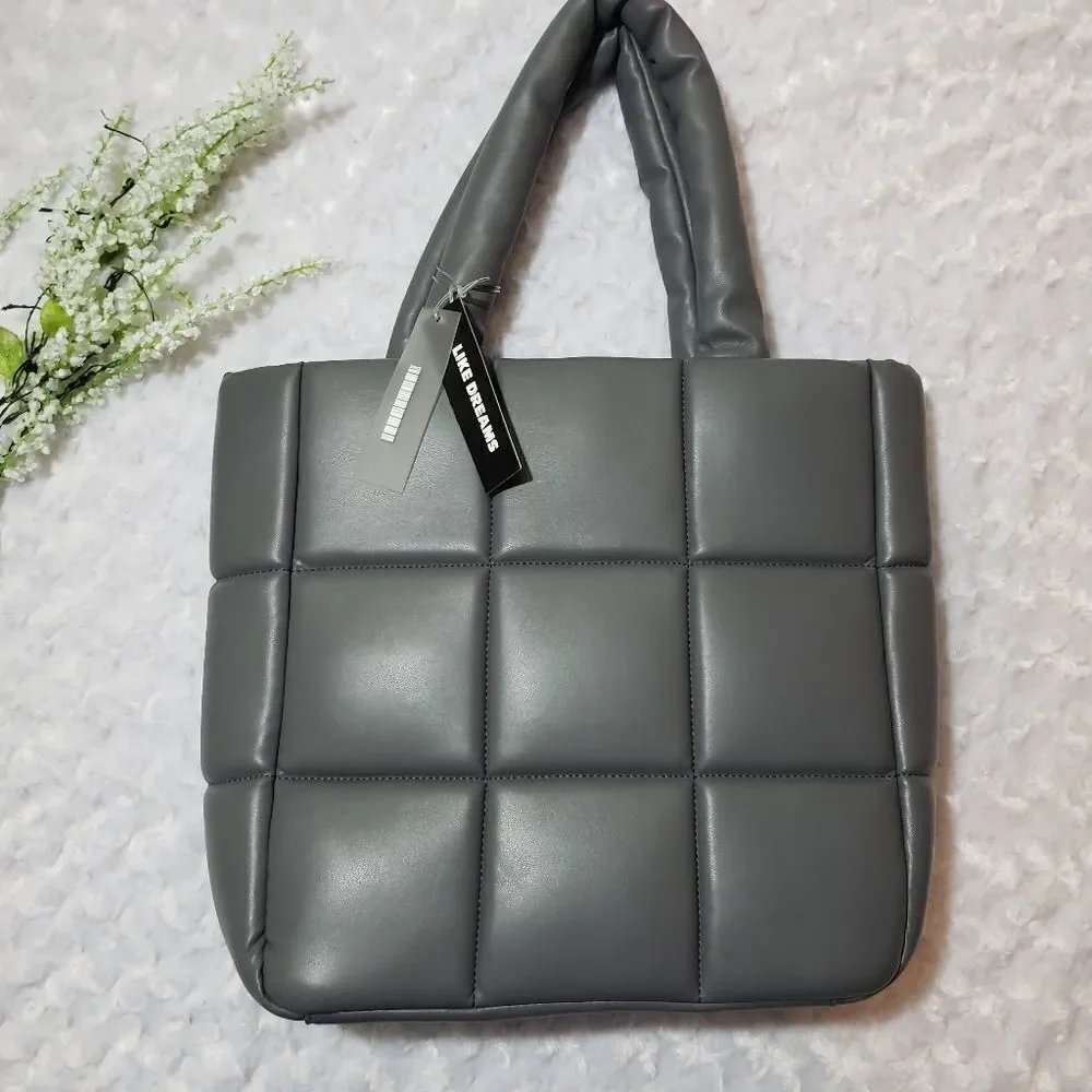Like Dreams Grey quilted puffer shoulder tote bag travel vacation oversize purse